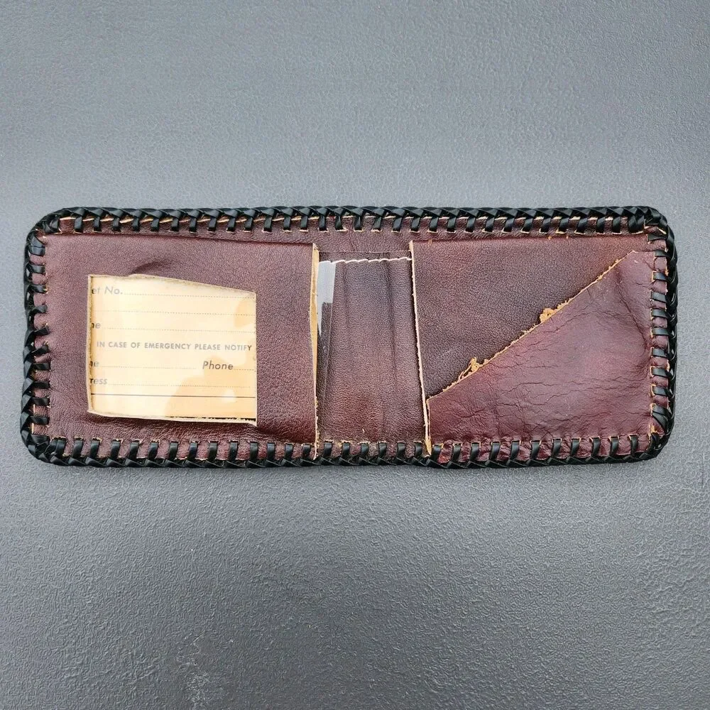 Vintage Hand Tooled Leather Braided Edge Bifold Wallet Horse & Cabin Western
